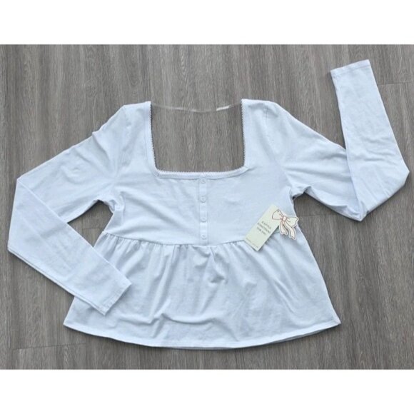 Frankee & Skylar White Babydoll Top XL Square Neck Lace Trim Peplum Blouse - Picture 4 of 10